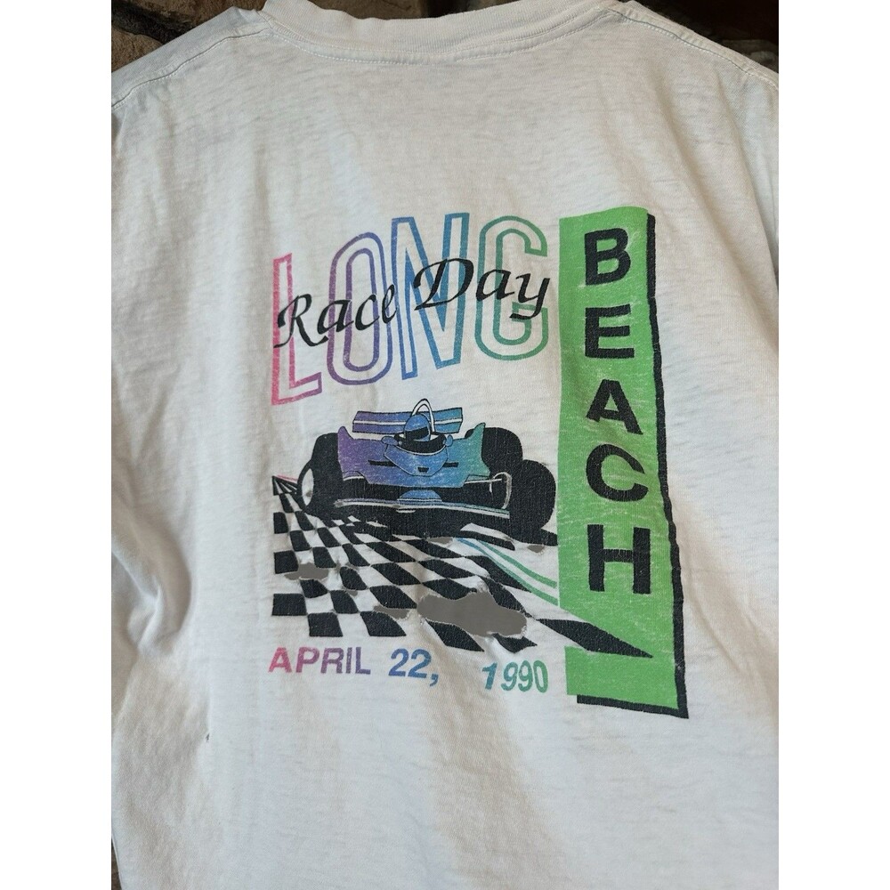 Vintage 1990 Long Beach CA Race Day Racing F1 T Shirt Distressed White XL SS Men - Picture 7 of 10